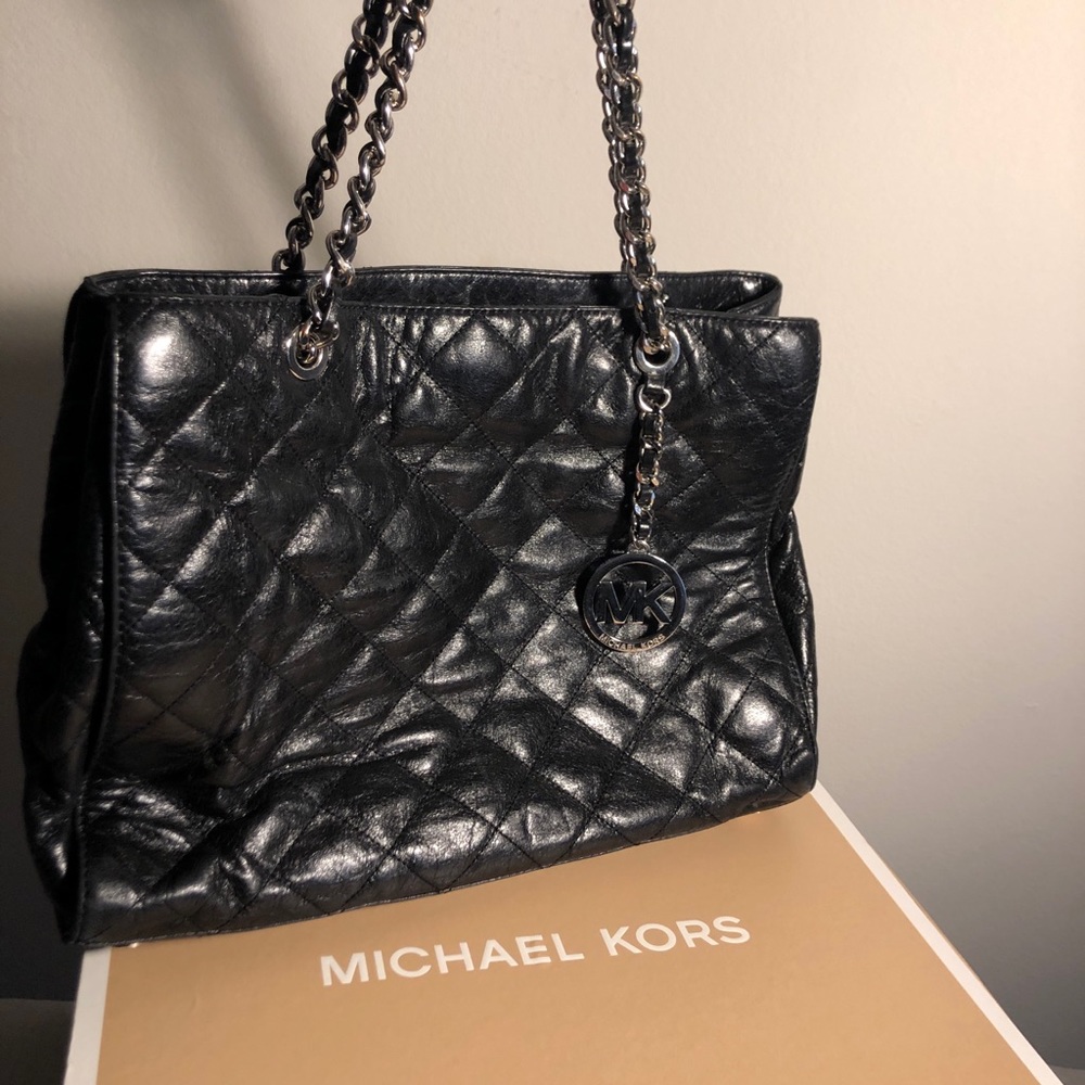 MK Black leather silver chain purse